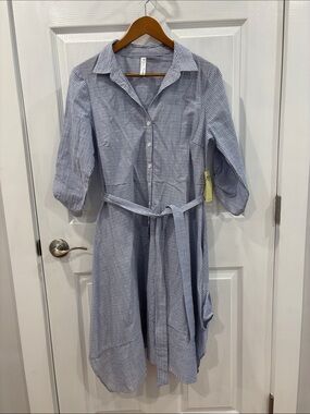 Perseption Blue and White Striped Midi Shirt Dress with Tie NWT
